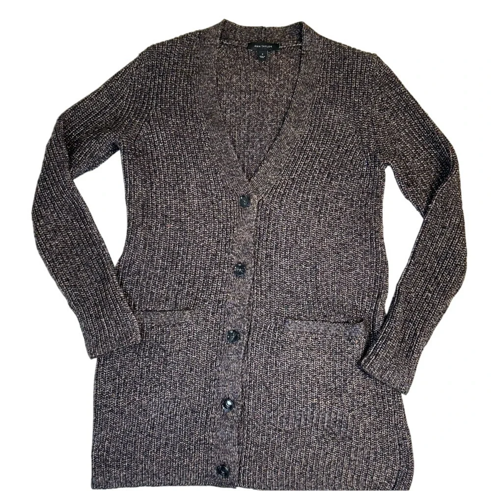 Ann Taylor‎ Multicolor Brown Knit Sweater Grandpa Style Button Closure Sz Medium